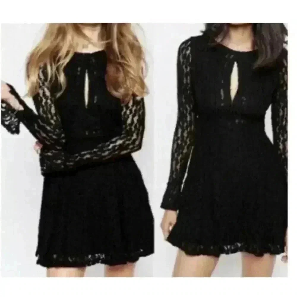 FREE PEOPLE‎ Black Teen Witch Corded Lace Fit & Flare Keyhole Cut-out Dress XsTP